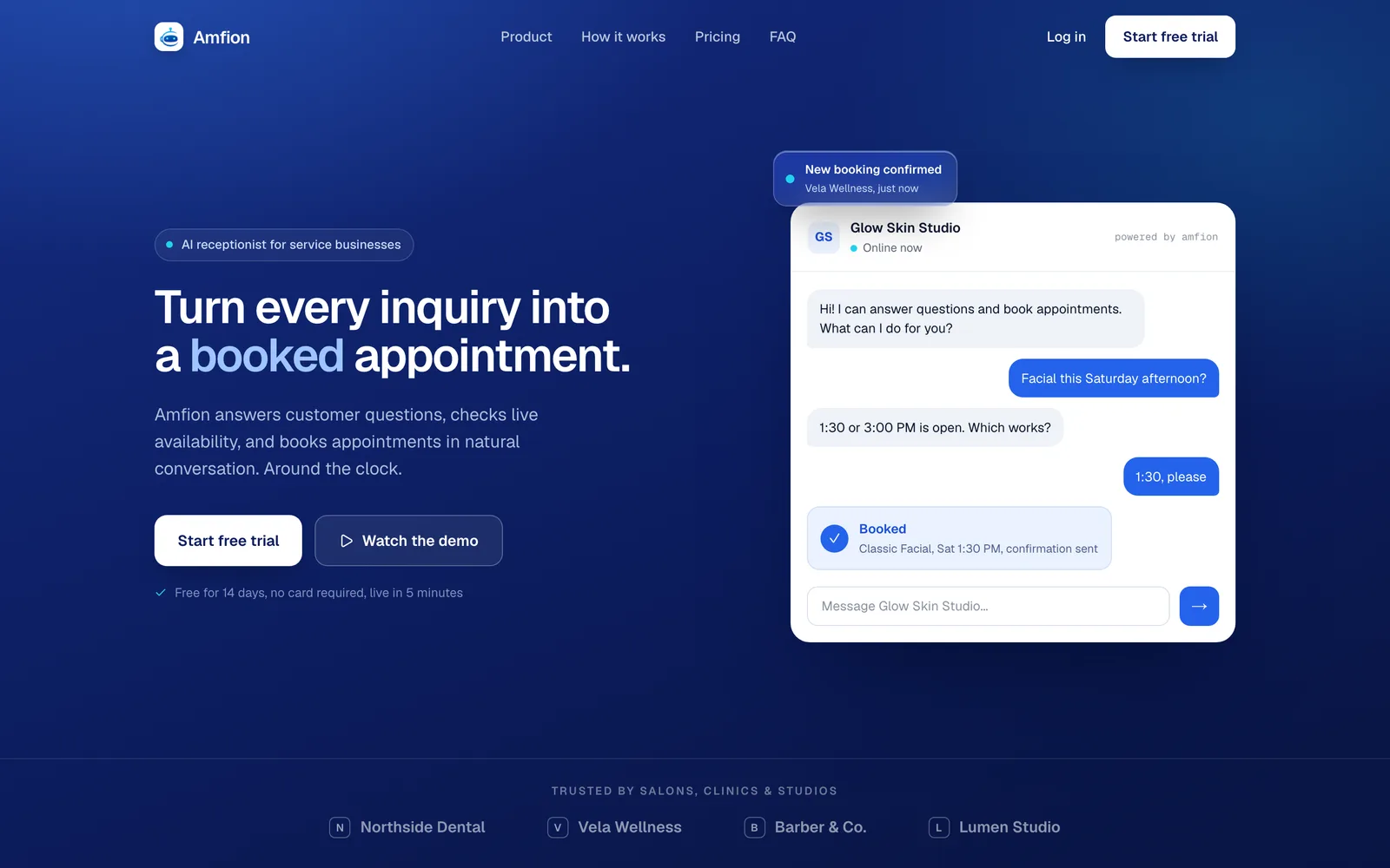 Amfion booking assistant turning a customer inquiry into a confirmed appointment in chat.