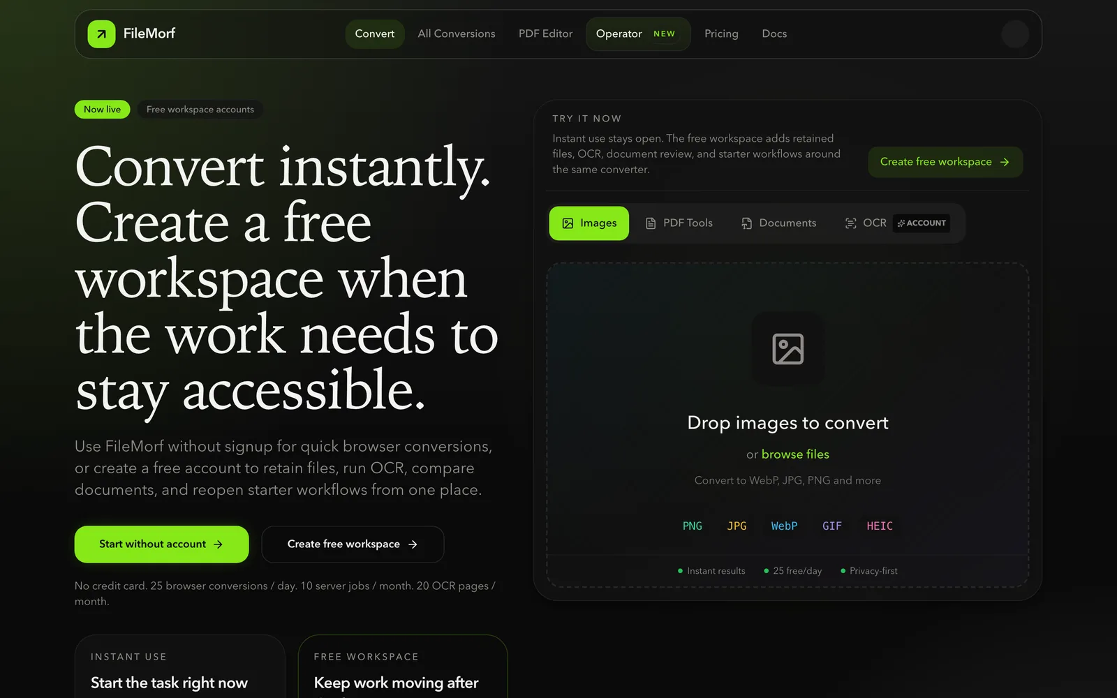 FileMorf browser-side converter with image, PDF, document, and OCR tabs.