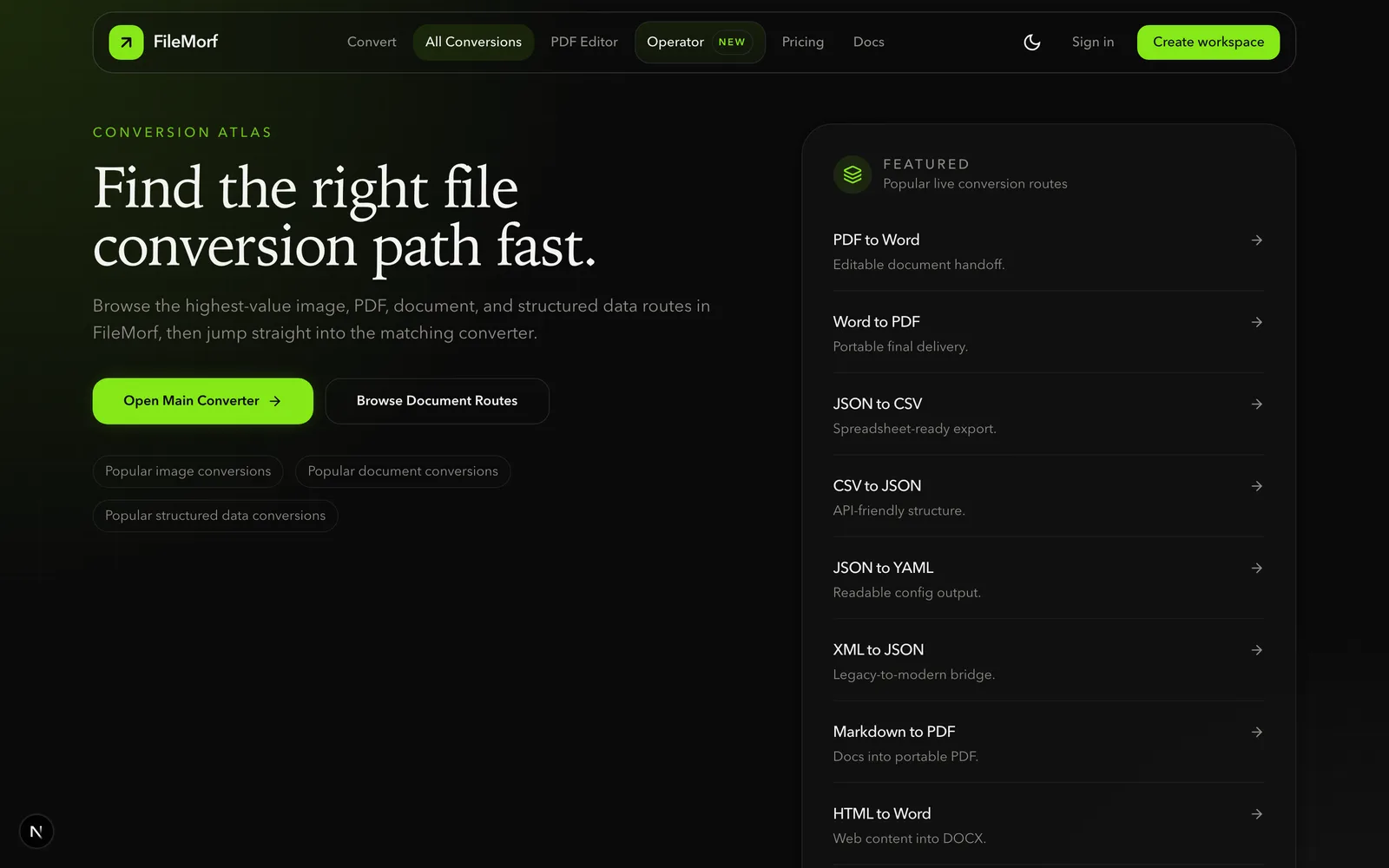 FileMorf conversion atlas listing popular file conversion routes.