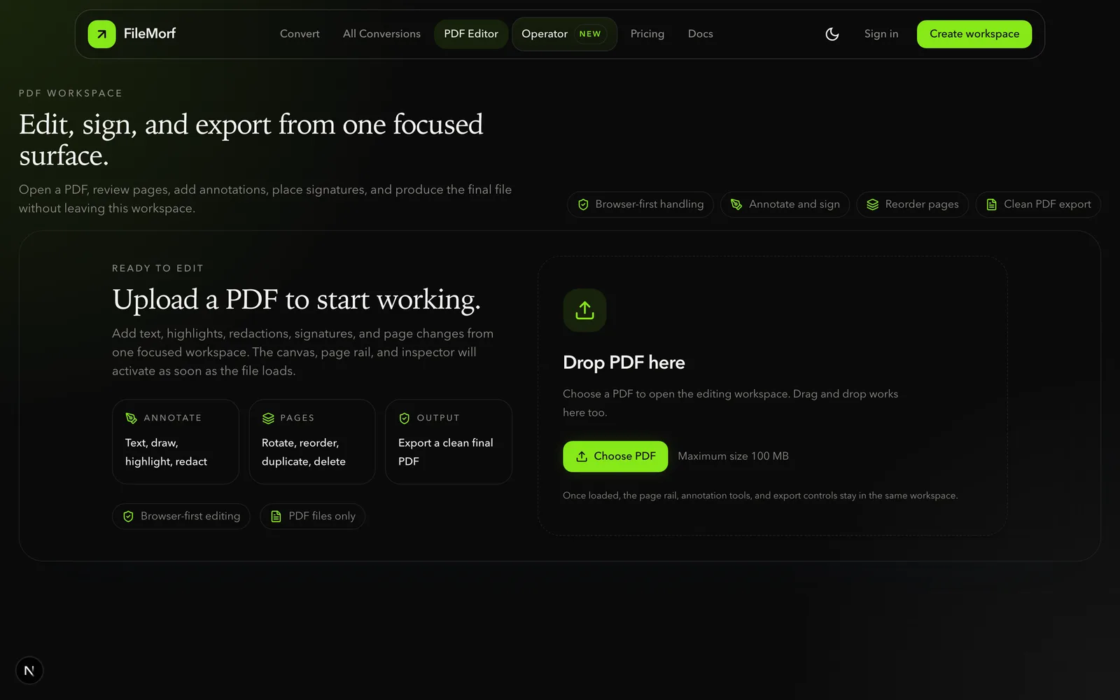 FileMorf PDF editor workspace for annotating, signing, and exporting PDFs.