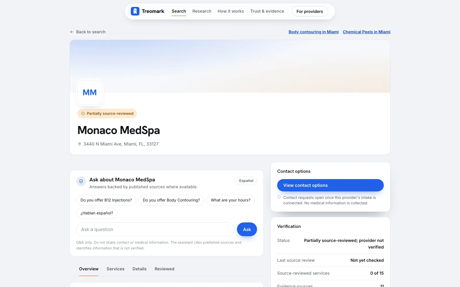 The Monaco MedSpa profile with a partially source-reviewed label, an Ask about Monaco MedSpa assistant, and a verification panel.