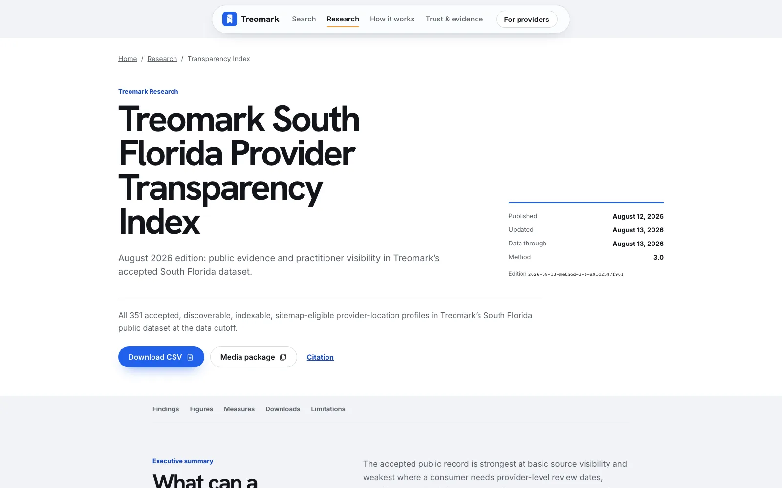 The South Florida Provider Transparency Index page with edition dates and a CSV download.